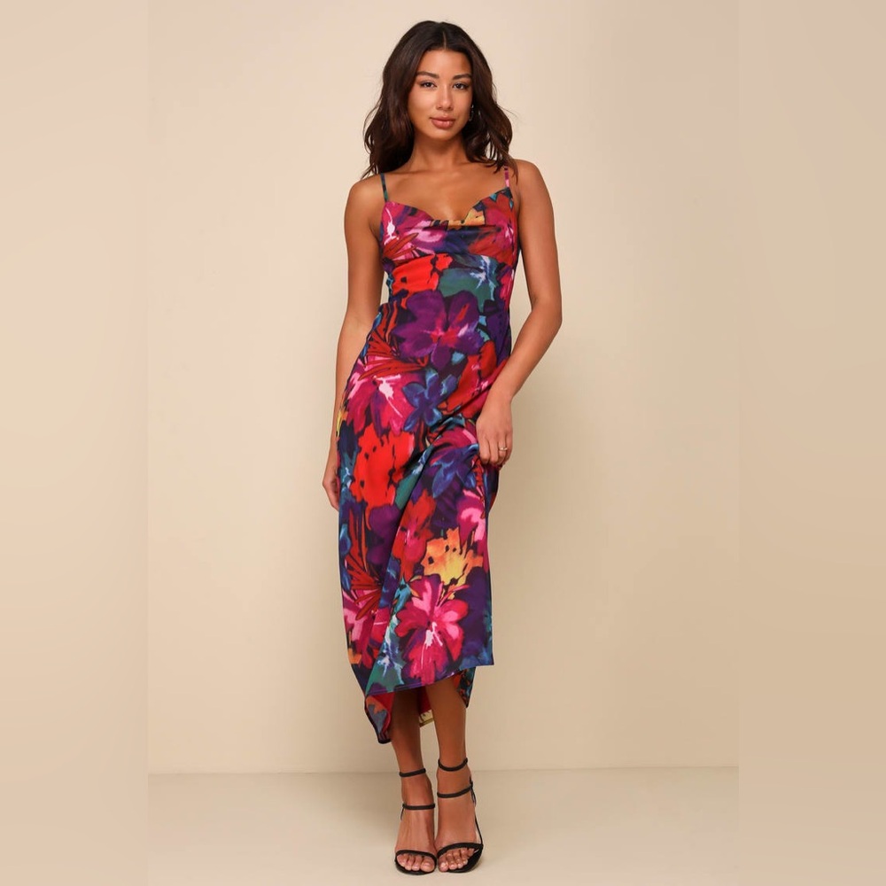 Lulus‎ Meant to Amaze Black Multi Abstract Floral Cowl Slip
Maxi Dress New